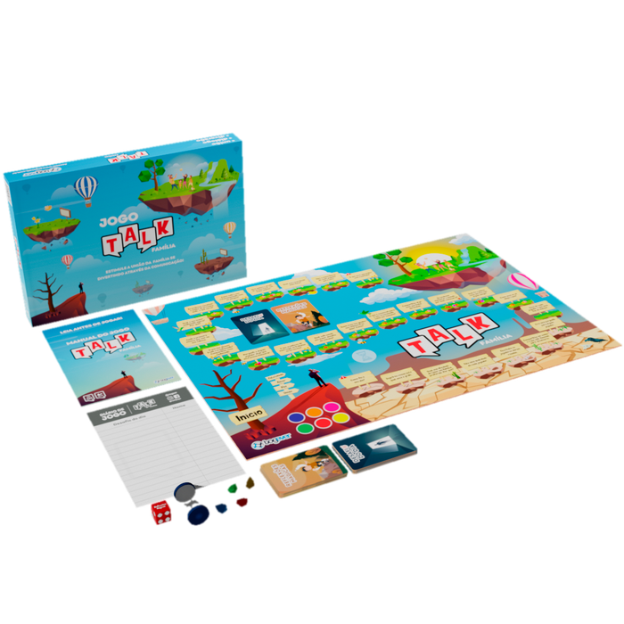 Caixa do Jogo Talk Família aberta, mostrando o tabuleiro, o manual, o diário do jogo e os componentes